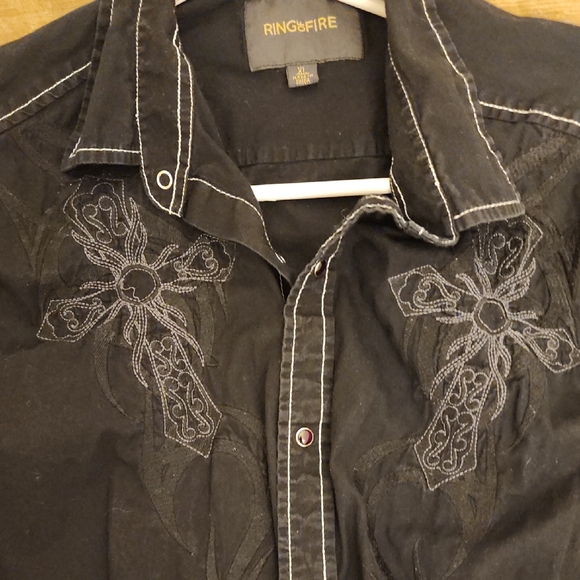 Ring of Fire Grunge Indie Sleeze Black Shirt w White Stitching Embroided Cross - Picture 3 of 8